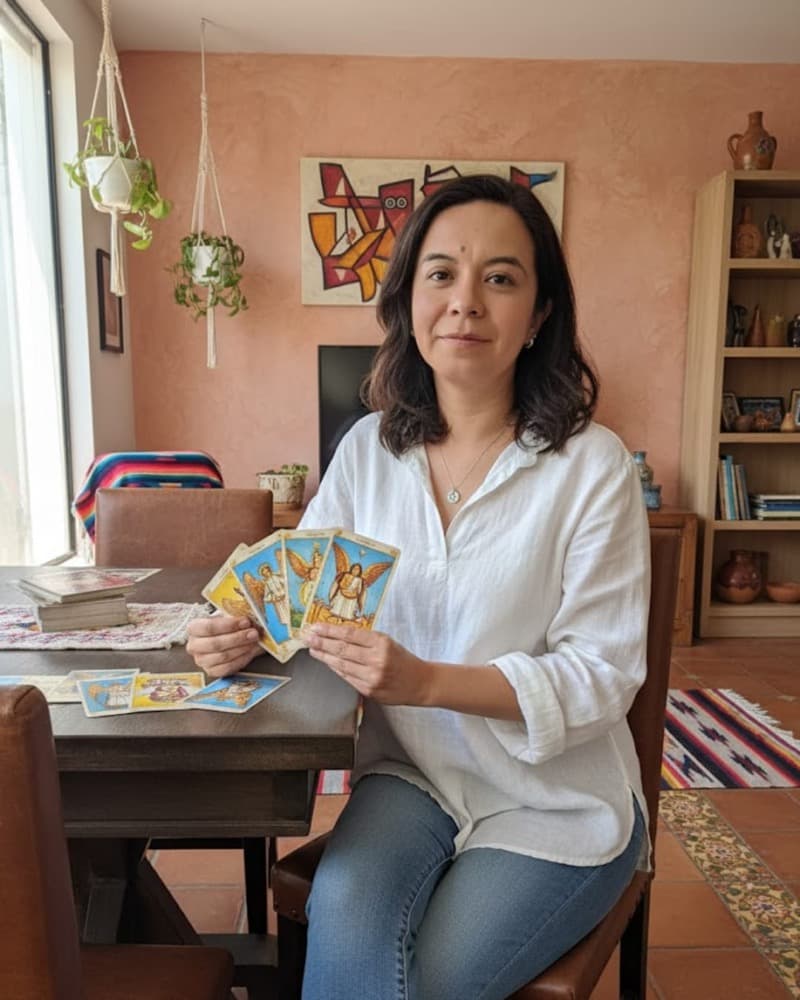 Angy, astróloga y terapeuta angelical, sosteniendo cartas de arcángeles